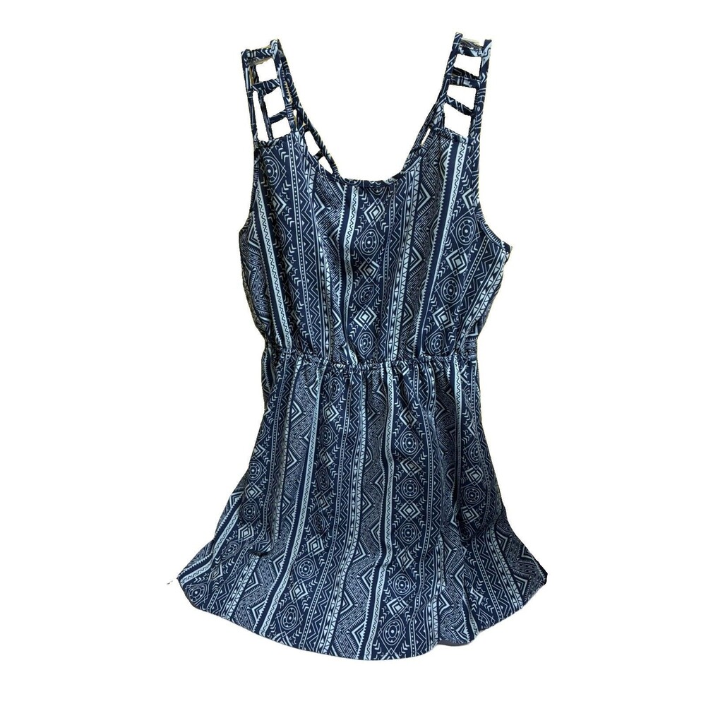 Miss Daisy Blue White Geometric Woven Square Neck Smocked Sundress L